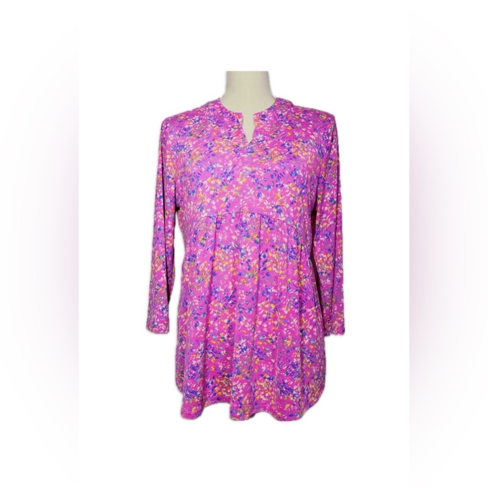 Dear Scarlett Pink Floral Tunic Blouse M Split Neck Babydoll Boho Top
